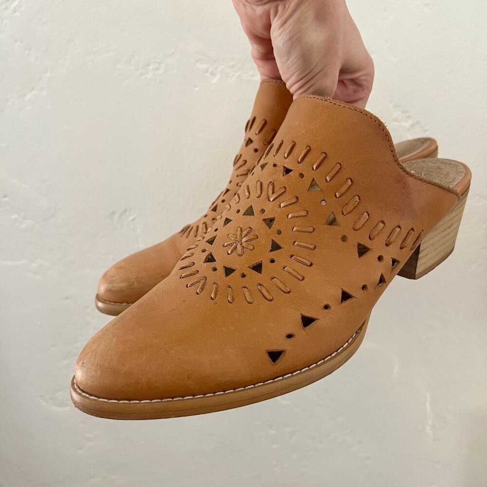 Musse & Cloud brown leather pointed toe heeled mules clogs slides cutout 41 10